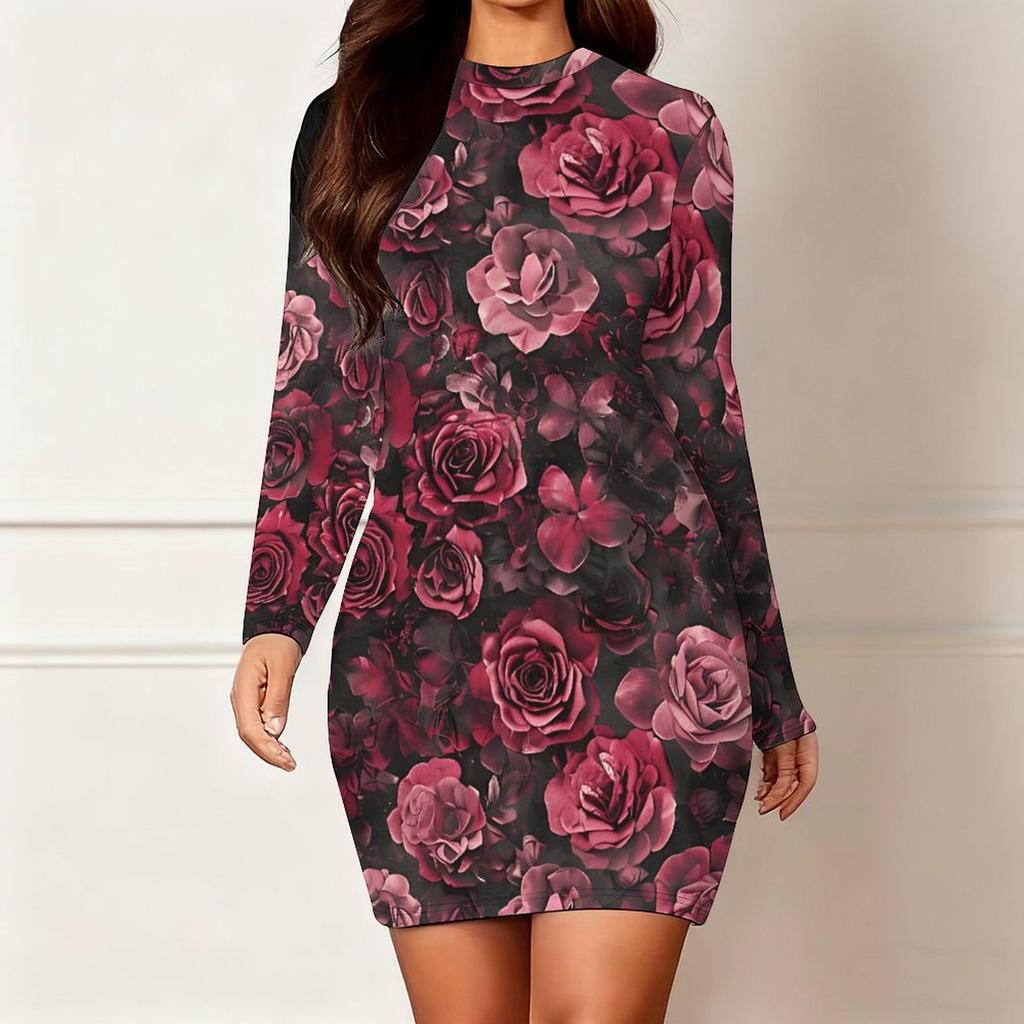 2025 Outono e Inverno Novo Estampa Floral 3D e Tingimento Moda Feminina Manga Longa Gola Redonda Vestido Envolvente de Quadril Dia dos Namorados Limitado