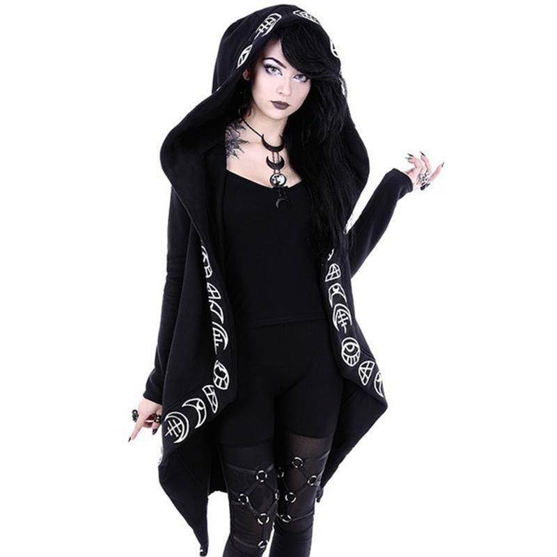 

2026 Autumn Gothic Punk Black Long Sleeve Women Hoodies Sweatshirts Moon Print Women Loose Coat Hooded Sweatshirt 5XL чорний