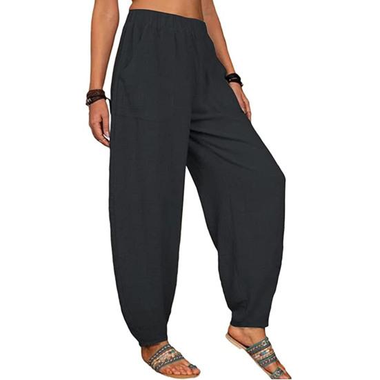 Women Pants Elastic High Waist Pure Color Long Trousers with Pockets Loose Fit Wide Leg Harem Pants Daily Wear