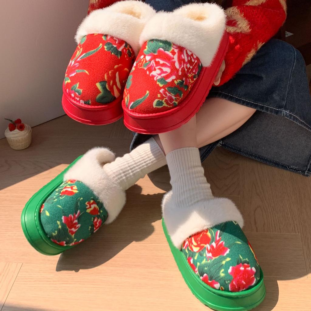 Northeast Big Flower Padded Jacket Wind Warm Cotton Slippers Winter Velvet Warm Non-slip Thick Bottom Home Indoor Plush Cotton Shoes