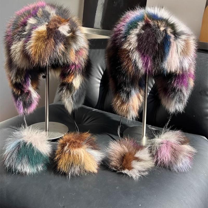 Real Fox Fur Ear Protection Hat Cute Hairball Cold Cycling Hat Warm and Fleece Knitted Wool Hat Basin Hat