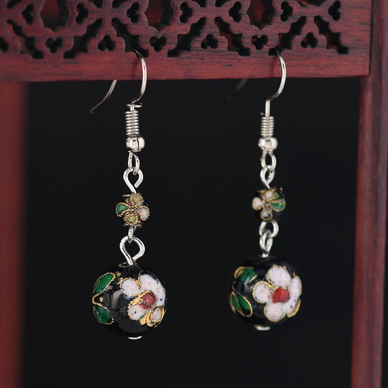 Chinese Cloisonne Retro Round Bead Earrings Handmade Silk Enamel Earrings Simple Antique Cheongsam Earrings Female 12mm