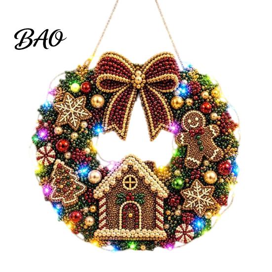 Festive Door Hanging Ornament DIY Acrylic Christmas Faux Pearl Art Kit, Lighted Wreath 3D Beaded Craft Mantelpiece Kit with LED String Light, Beginner