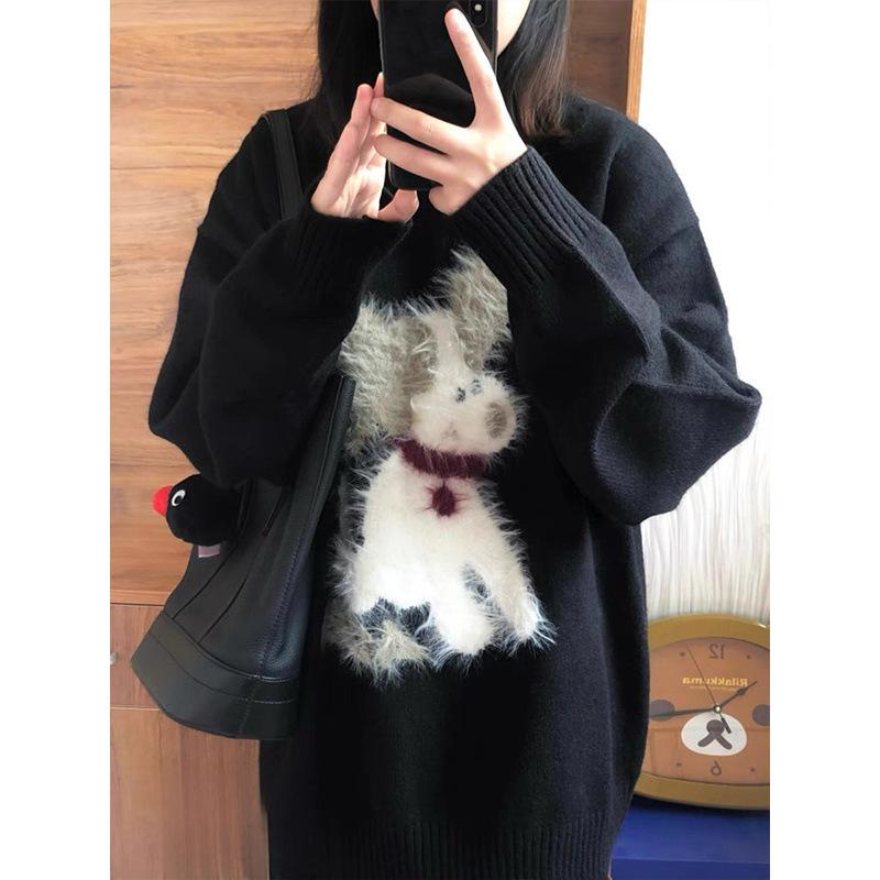 Plush Puppy Jacquard Crew Neck Casual Loose Fashion Black Sweater Women's Winter New Loose Lazy Style Top