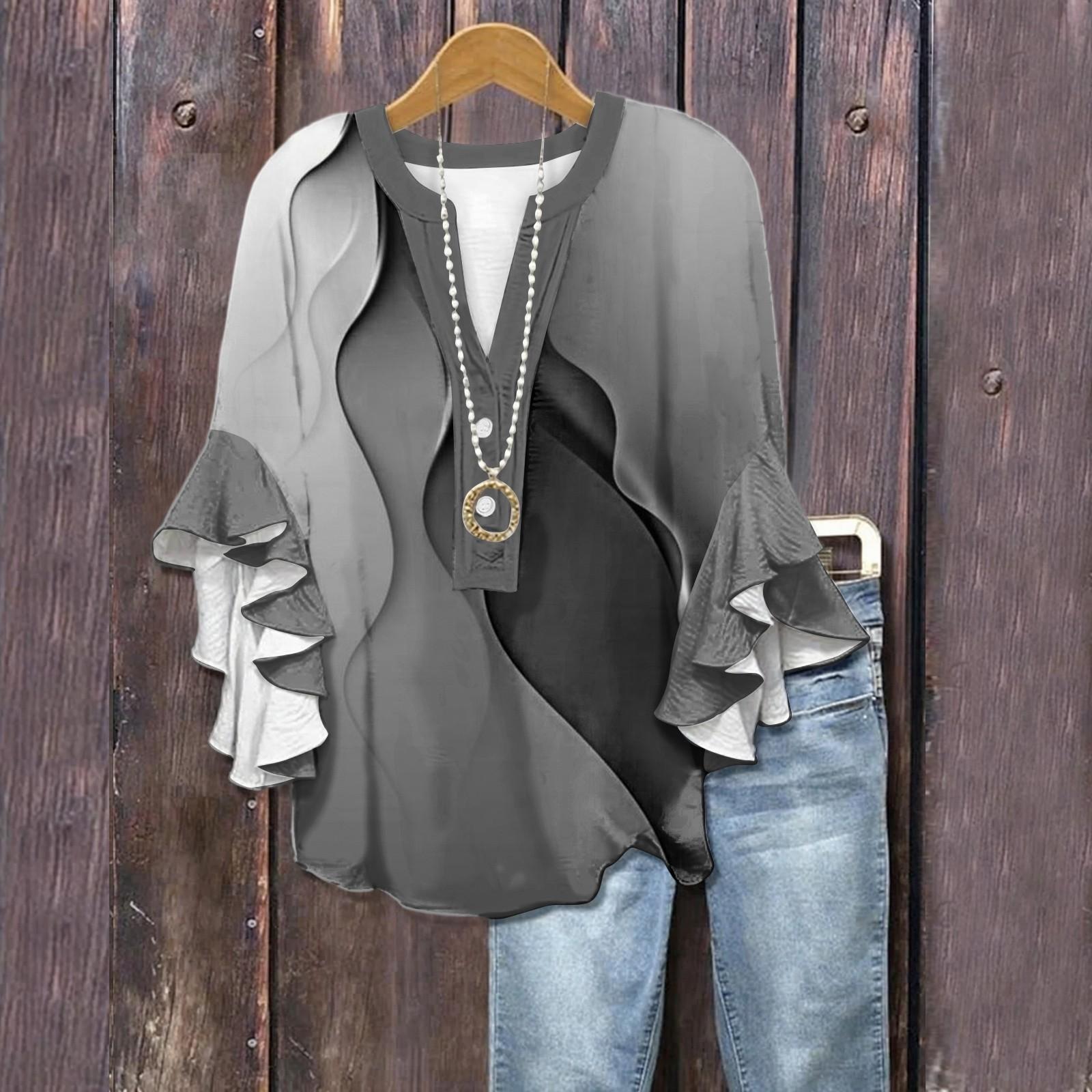 

Летние топы для женщин Милые блузки с V-образным вырезом и рукавом 3/4 Принтованный топ Повседневные рубашки M