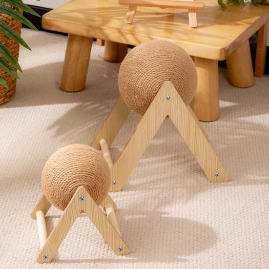 Cat Scratching Ball Interactive Sisal Rope Cat Scratcher Ball with Wooden Stand Spinning Ball Kitten Exercise Toy for Indoor Cats