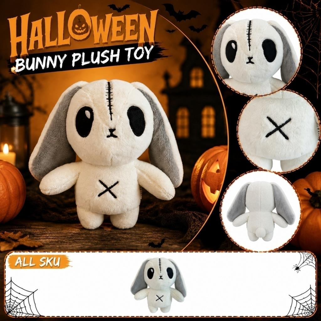 Plush Bunny Stuffed Animal Soft Toy Halloween Themed Decorative Plush Doll with Stitched Design and Long Ears for Kids and Collectors