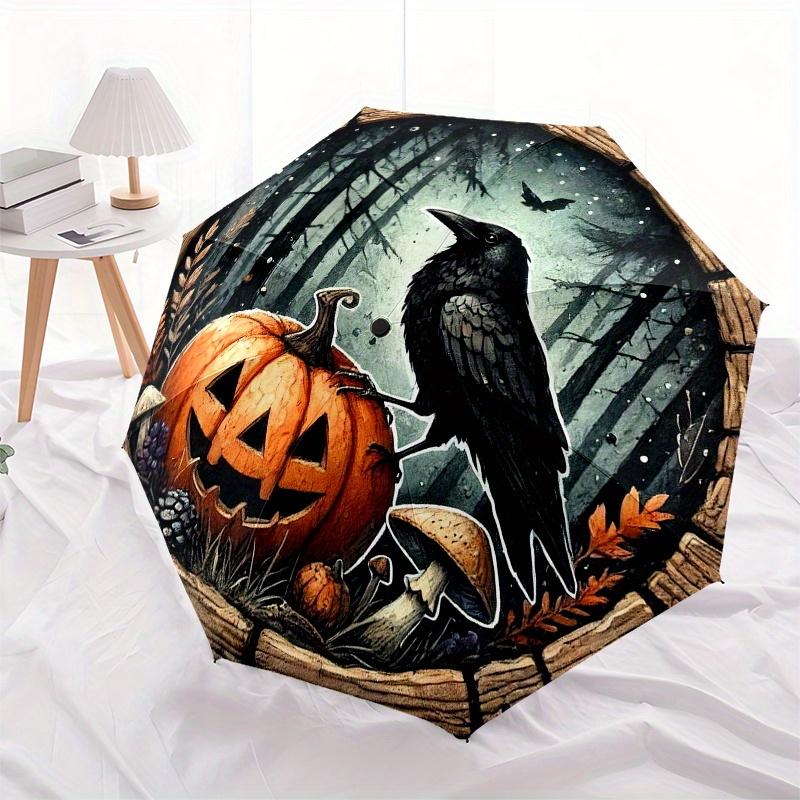 Halloween Pumpkin and Raven Wall ArtUmbrella, Portable 3-Fold Compact Umbrella for Men & Women Gift