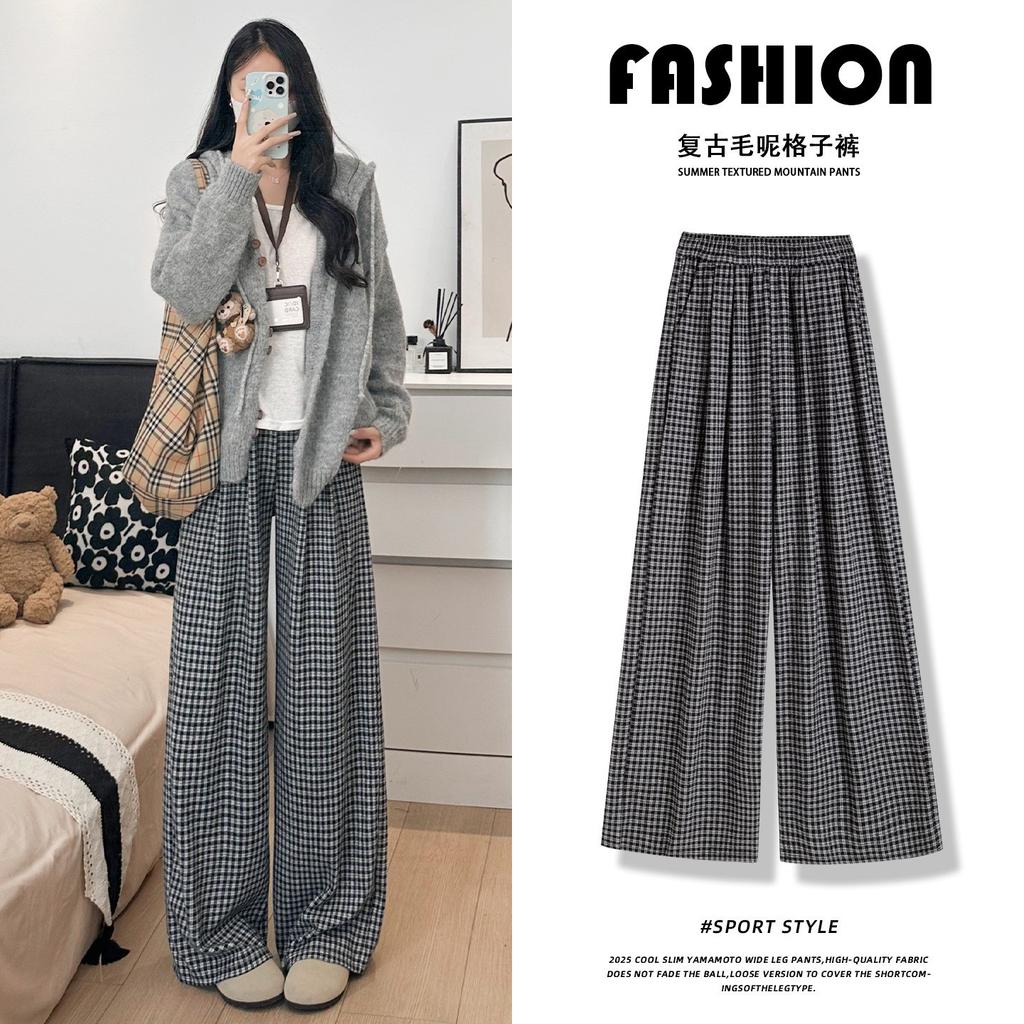 Black and White Plaid Pants Children's New Season High Waist Drape Loose Casual Small Woolen Wide-leg Pants