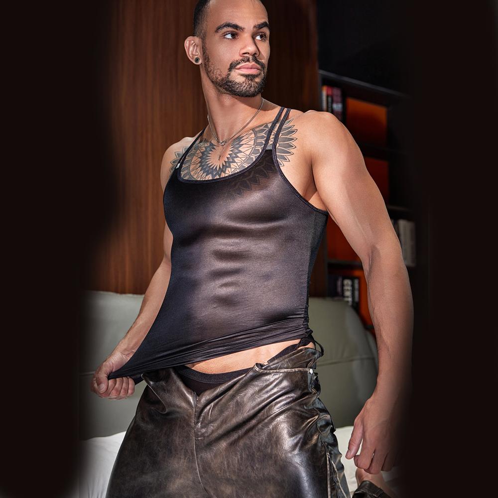 Sexy Men Oil Glossy Shiny Tank Tops Thin High Elastic Men Fashion Vest Shaper Wear Sleeveless T-Shirts Allure Cross Tops