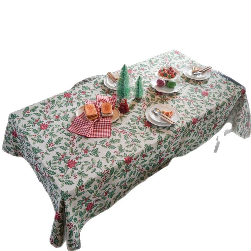 1PC Tablecloth Jacquard Christmas Contrast Holly Table Cloth Holiday Versatile Rectangle Home Decoration Home Textiles