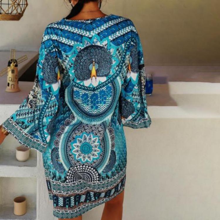 Retro Ethno-Print Sommerkleid Damen Langarm V-Ausschnitt Weich Atmungsaktiv Locker Knielang Lässig Täglich Midi-Kleid