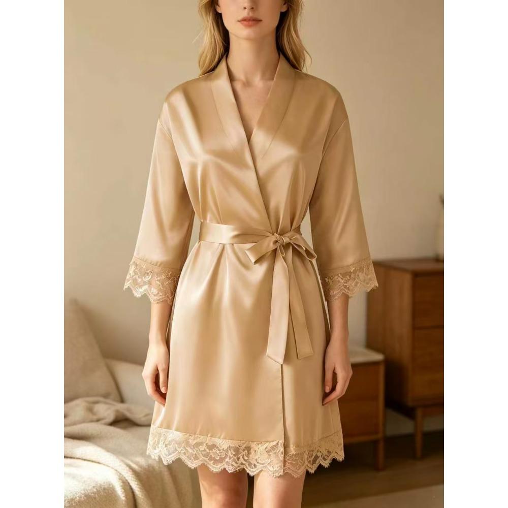Women's home nightdress, apricot lace-trimmed bathrobe, lightweight and breathable home sleepwear and loungewear