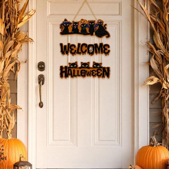 Rounded Corner Halloween Decor Wooden Door Sign, Black Cats Broom Front Hanger, Rustic Elegant Natural Wood Sign Hanging Welcome for Home Window Wall