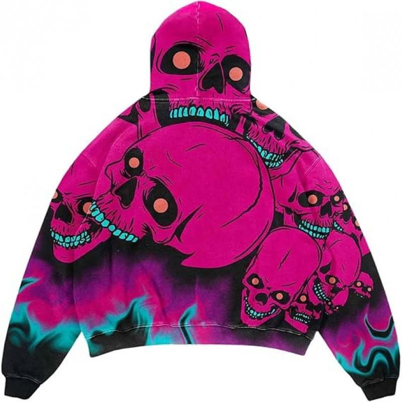 Amerikan Punk Kurukafa 3D Baskılı Kısa Kapüşonlu Sweatshirt Bol Kesim Erkek Kadın Sokak Giyimi
