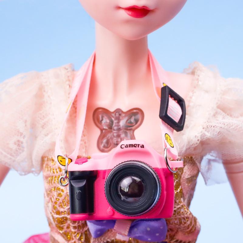 Smiling Plush Toy Dog with Webbing Strap and Sounding Cartoon Camera Pendant Necklace