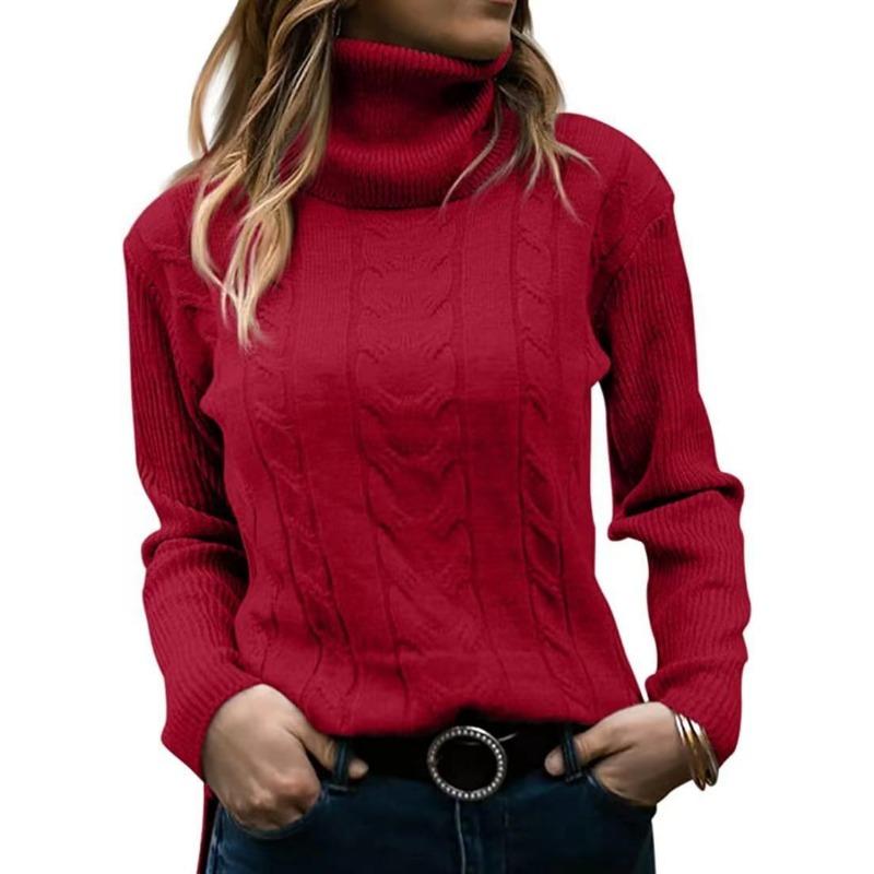 Women S Vintage Solid Color High Neck Long Sleeve Pullover Knit Sweater