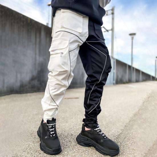 Men Cargo Pants Ankle-banded Reflective Patchwork Multi Pockets Loose Casual Straight Leg