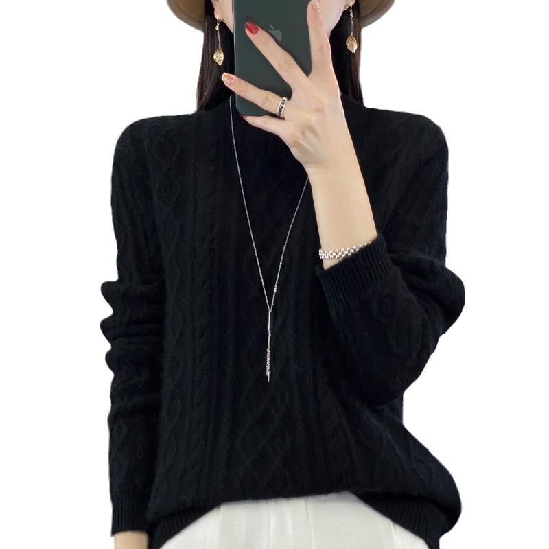 Women's Pure Wool Knitted Pullover Sweater for Autumn-Winter, Round Neck, New 23100