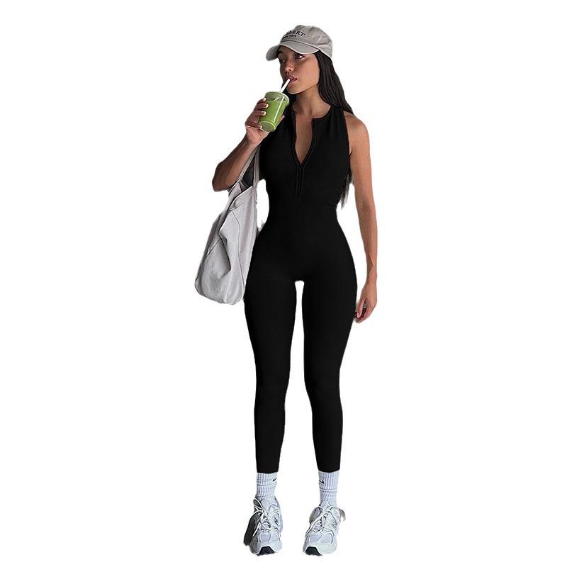 Stylish European & American Women's Sports Zipper Patchwork Yoga Jumpsuit with Cutout Back