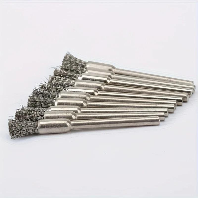 10 Stainless Steel Wire Brushes with A 3mm Handle - Ideal for Rotating Tools, Ideal for Cleaning, Rust Removal and Sanding