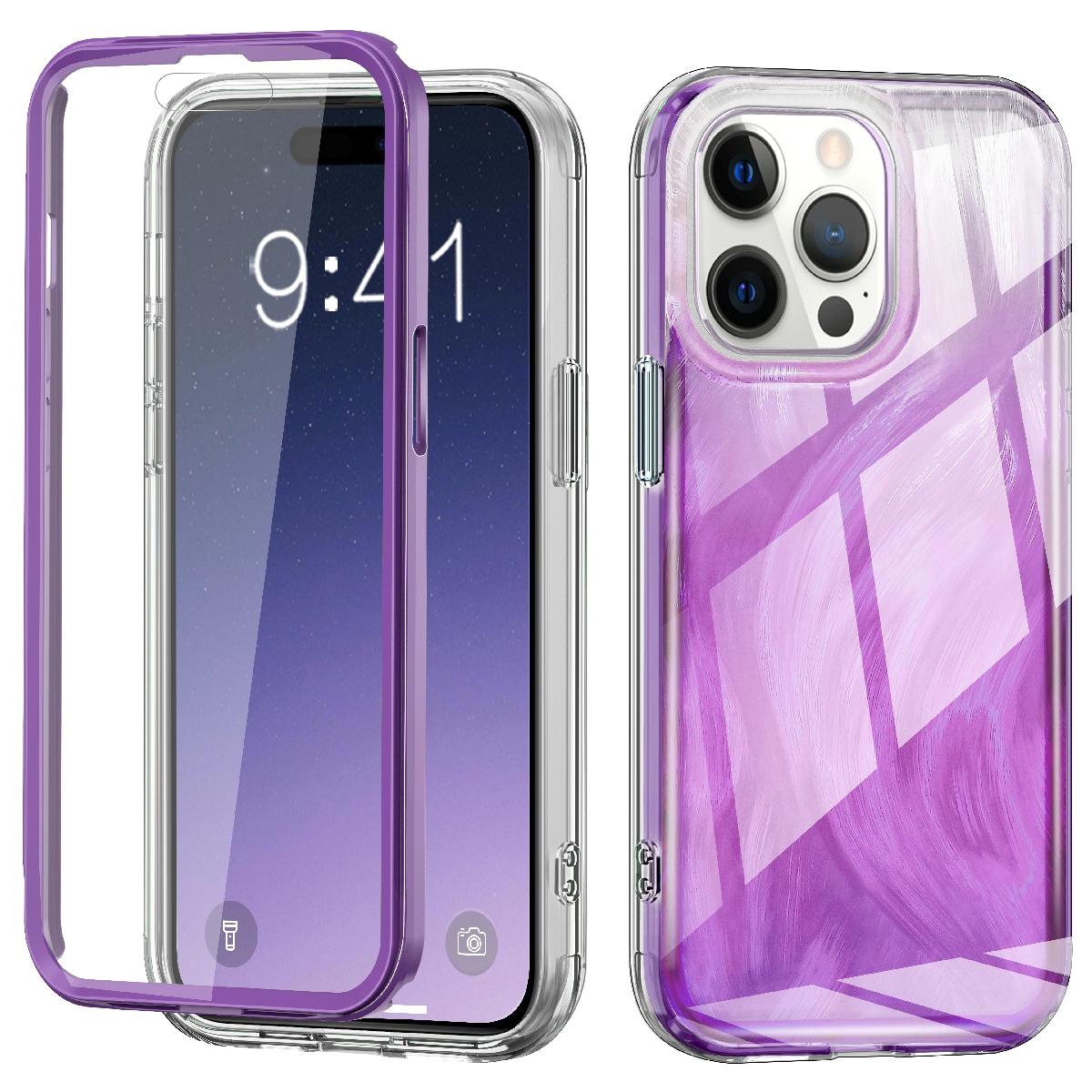 

For iPhone 14 Pro Case Gradient Feather Pattern Full Body Protection Phone Shell Purple