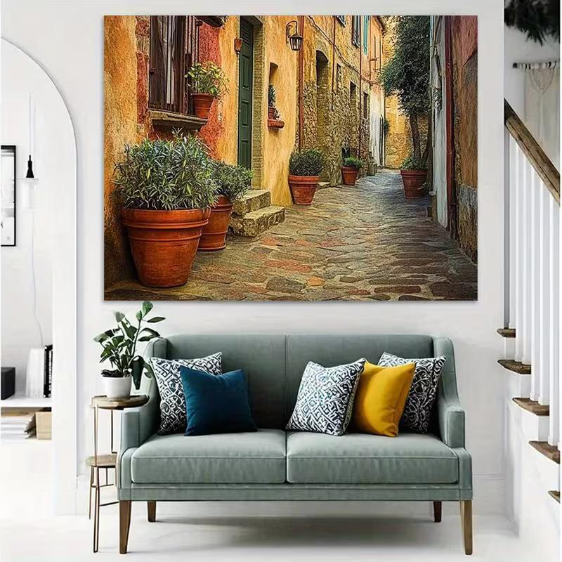 2D Flat Printing European Village Alley Backdrop Italy Tuscan Stone Houses Background