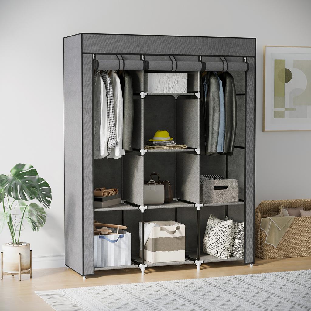Fabric Wardrobe, with Rails and Shelves - Dark Grey