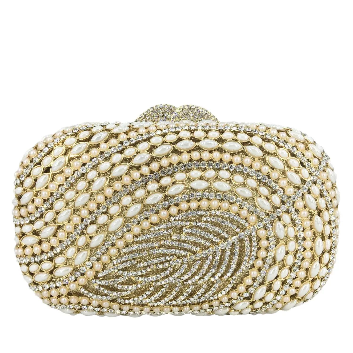 

Boutique De FGG Women Feather Crystal Clutch Evening Purse Ladies Party Dinner Rhinestone Handbags Bridal Wedding Beaded Handbag Mini Size