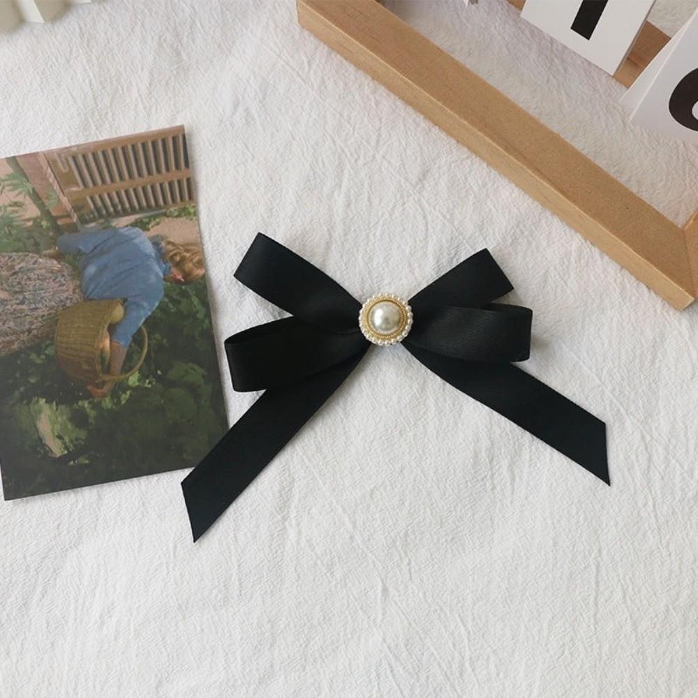 Black Satin Bowknot Brooches Pearl Badge Pin Elegant Clothes Accessories For Funerals and Mourning