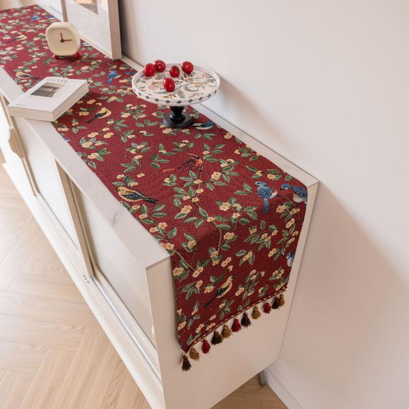 Tassels Retro Table Runner,Jacquard Jujube Red Oriole Pattern Table Decor, Floral Table Decoration for Christmas Kitchen Dining Home Party Festival
