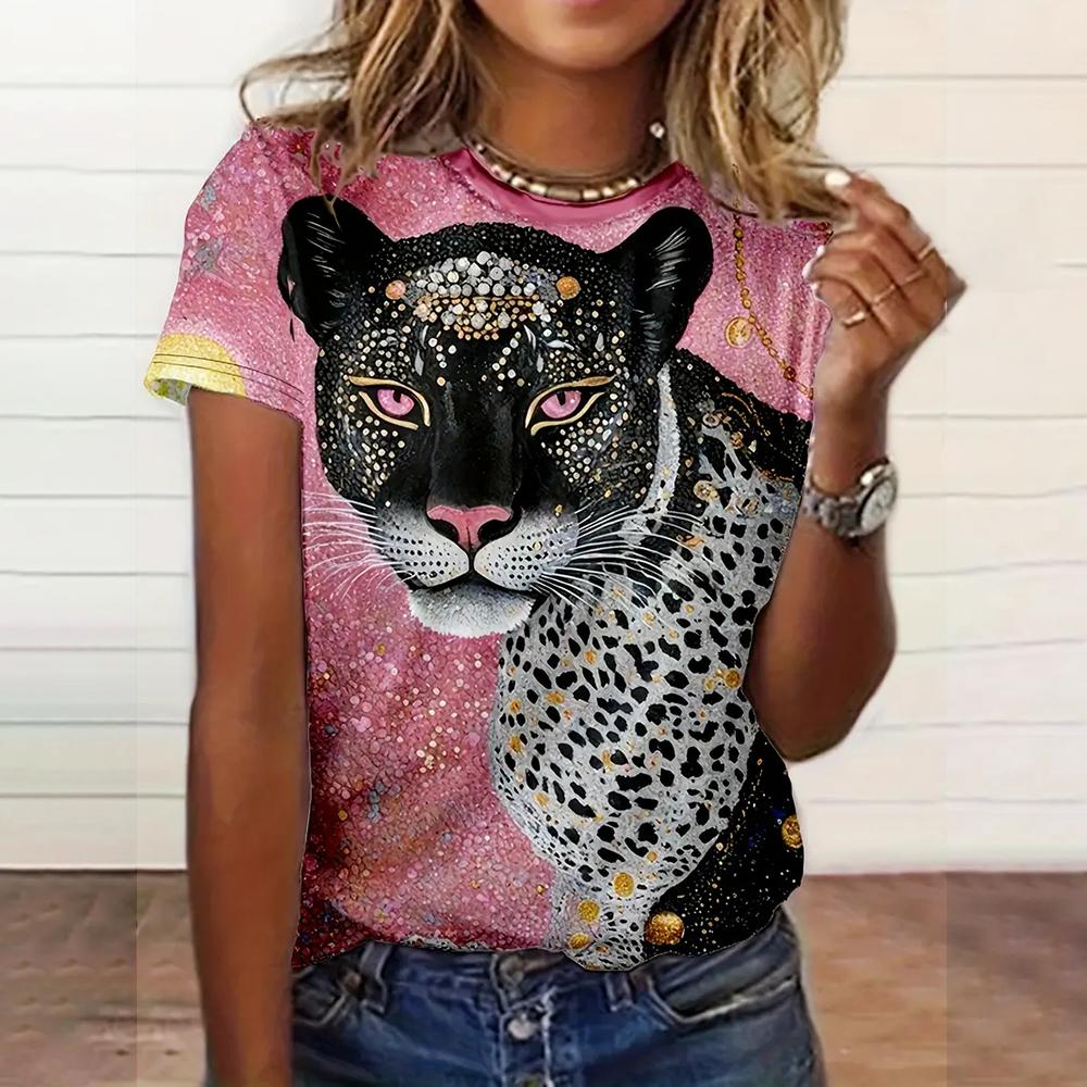 Women's Fashionable Short Sleeve T-Shirts 3d Leopard Print Top Tees Spring & Summer Breathable Women's Casual Pullovers & Blouse