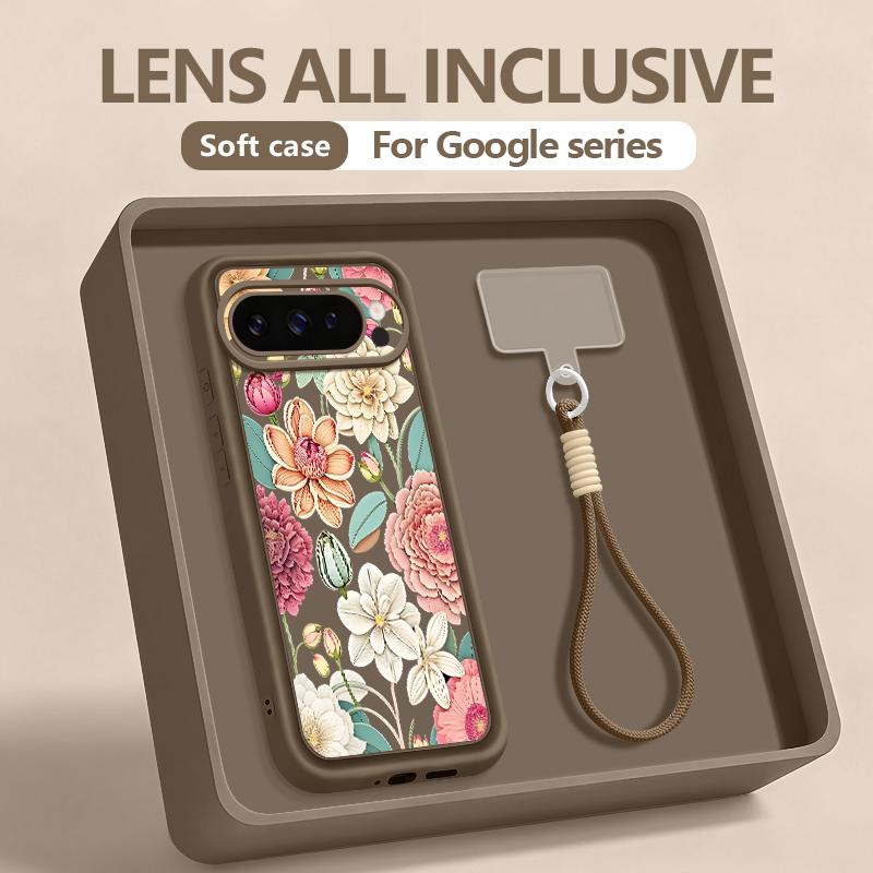 Watercolor Flowers Print Lanyard Case For Google Pixel 10 Pro XL For Google 9A 9 8 7 Pro 8A 7A Shockproof Bumper Wrist Strap Cover