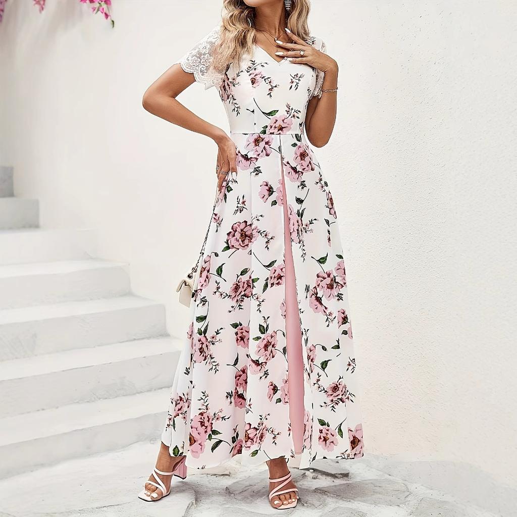 women's v neck lace short sleeve floral print overlay split maxi a line dress elegant wedding guest long gown
