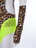 Women Leopard Print Latin Bodysuit Oversleeve Tassel Keyhole Backless Hollow Waist Button Crotch Leotard