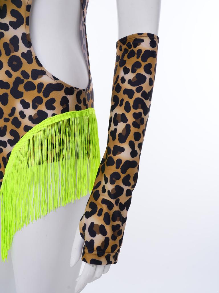 Women Leopard Print Latin Bodysuit Oversleeve Tassel Keyhole Backless Hollow Waist Button Crotch Leotard