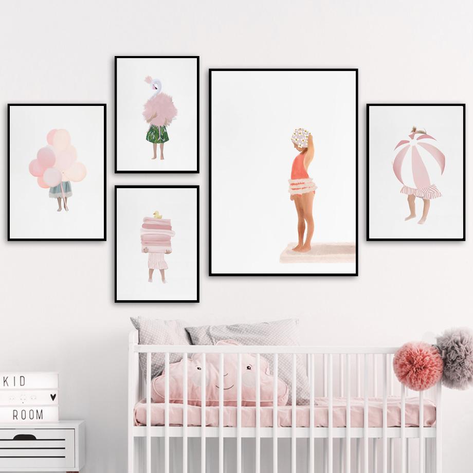 Ροζ Παραλία Κολύμπι Φλαμίνγκο Βιβλίο Μπαλόνι Τέχνη Τοίχου Καμβάς Ζωγραφική Αφίσες Και Εκτυπώσεις Εικόνες Τοίχου Διακόσμηση Υπνοδωματίου Μωρού Κοριτσιού Αγοριού