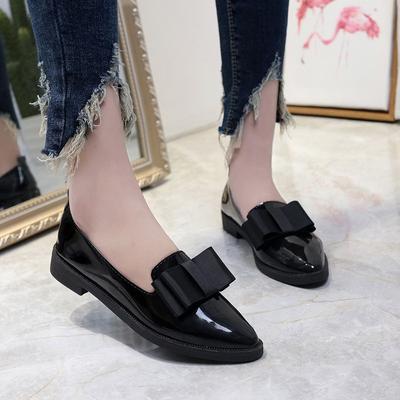 British Patent Leather Small Leather Shoes Women's Spring Flat Bottom Pointed Single Shoes Black Bow Low Heel Work Shoes