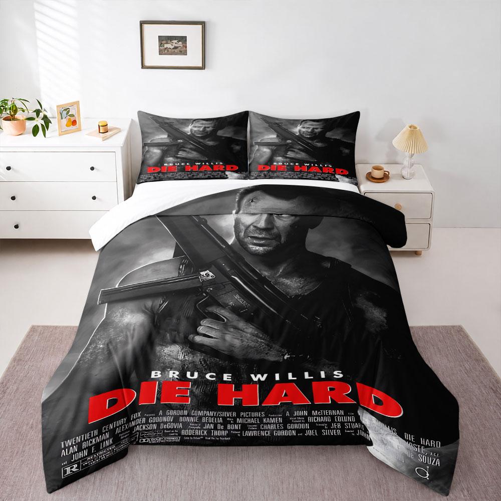 Die Hard Bruce Willis Grayscale Variant Bedding Set, Black White Red, Willis Holding Rifle, Nakatomi Plaza Action Film Art