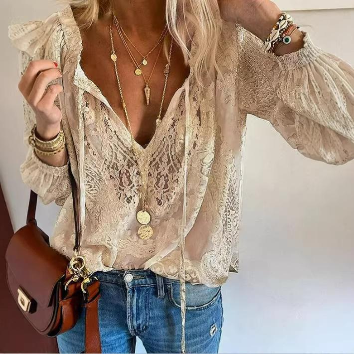 women's Lace Patchwork V Neck Long Sleeve Blouse Loose Fit Casual Commuter Top Shirt