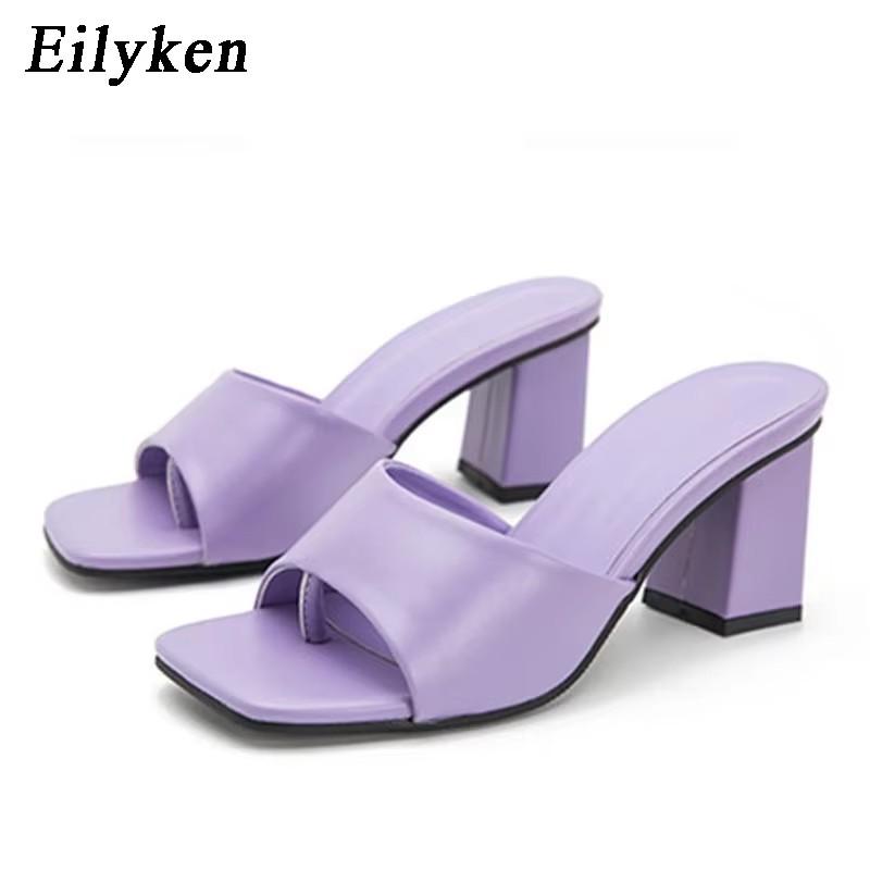 Fashion Eilyken Summer Women Purple Slipper Square High Heel Beach Slip On Sandal Flip Flop Slides Size 41 42