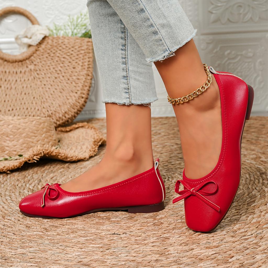 Women Bow Accent Low Heel Square Toe Ballet Flats Slip On Casual Shoes Comfortable Lightweight Design for Daily Wear