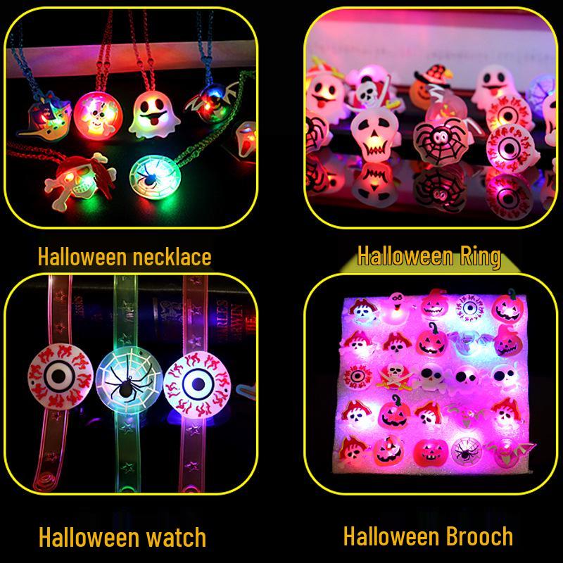 Glowing Christmas Necklace and Halloween Brooch Set with Flashing Watch and Ring