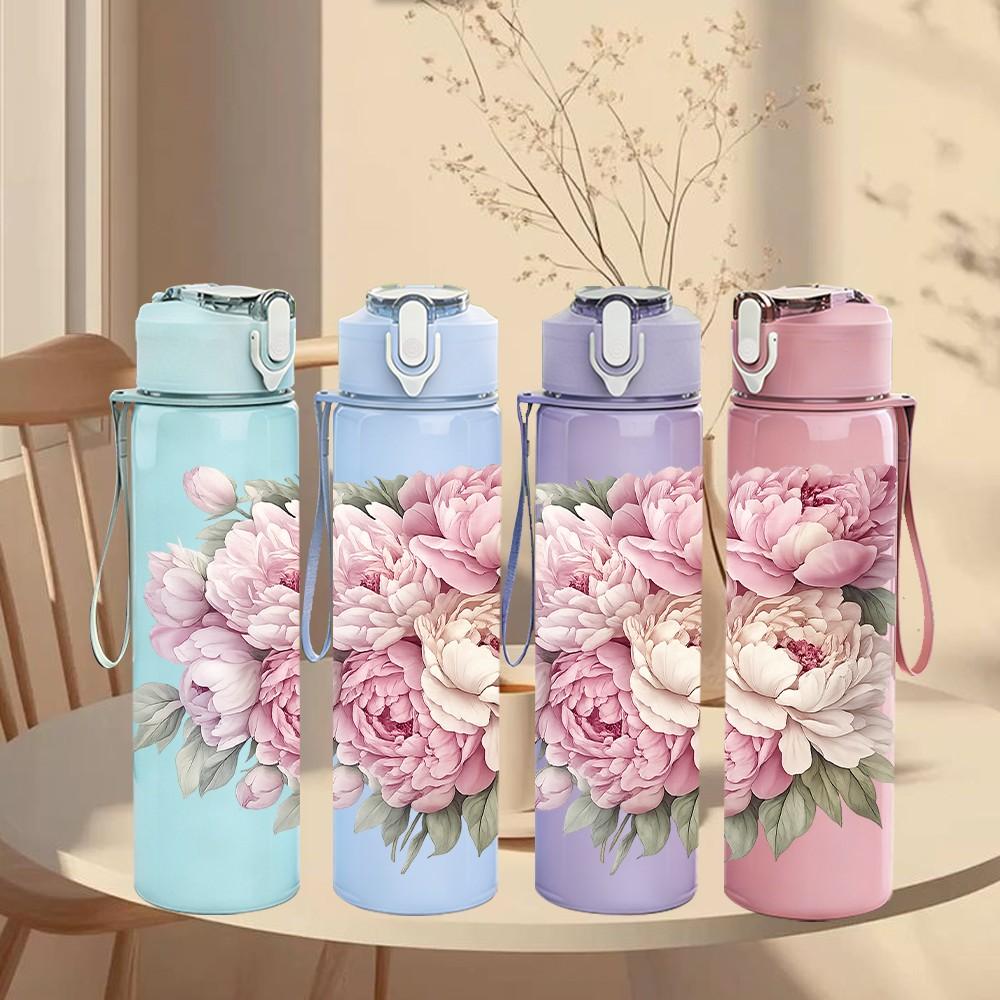 1PC Light Pink Peony Flower Print 750ml Color Plastic Sports Water Bottle Leakproof Flip Straw Lid Suitable for Sports Office Home Use