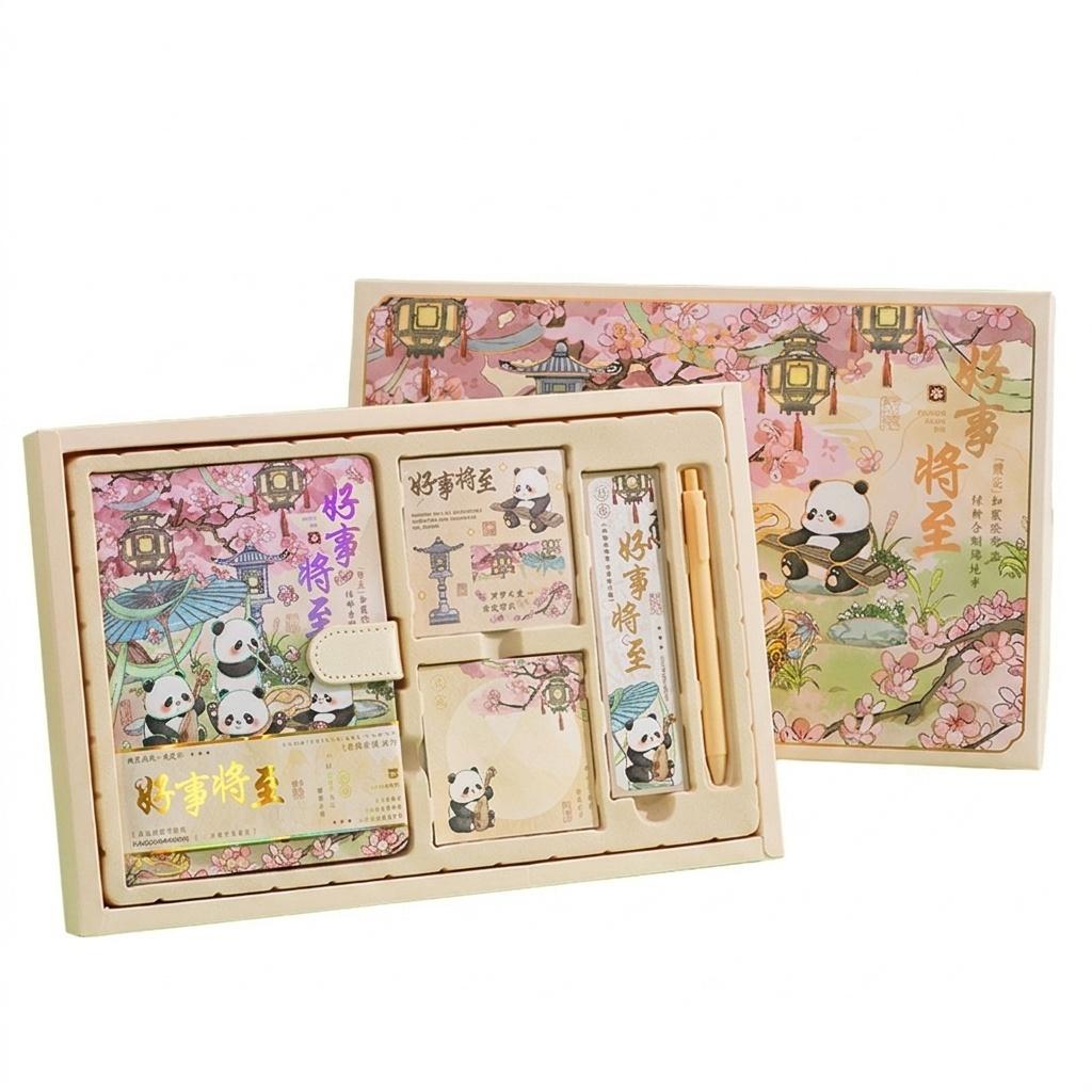 Gift stationery set for a student with panda, notebook, pen, stickers, bookmark, box