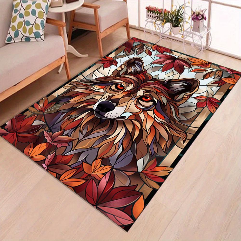 Wolf and Autumn Leaves Design Area Rug - Polyester Crystal Velvet Decorative Carpet for Bedroom, Living Room, and Home Decor