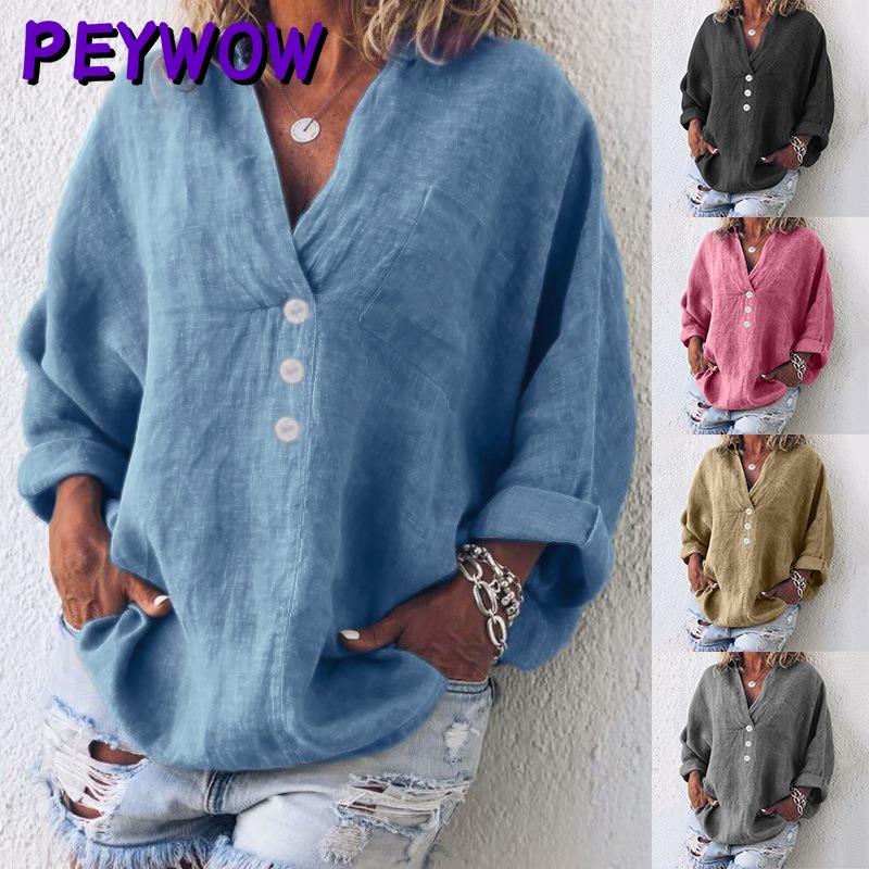 PEYWOW Damenmode Casual Herbst Winter Langarm V-Ausschnitt Blusen & Hemden