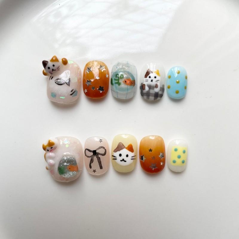 Hand-Painted Press-On Nails Short Square Cat Eye Design Cute Kawaii Style Wearable Nail Tips Women
