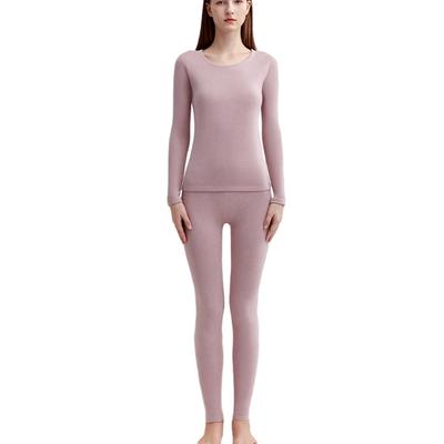 Women Autumn and Winter Solid Color Crew Neck Thermal Underwear Set