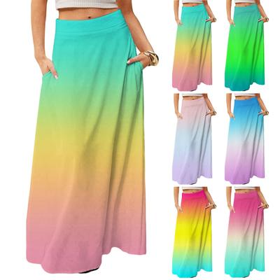 Damen Lässig Freizeit Faltbar Farbverlauf Druck Hohe Taille Mit Tasche Drapierter Entspannter Langer Maxi Rock